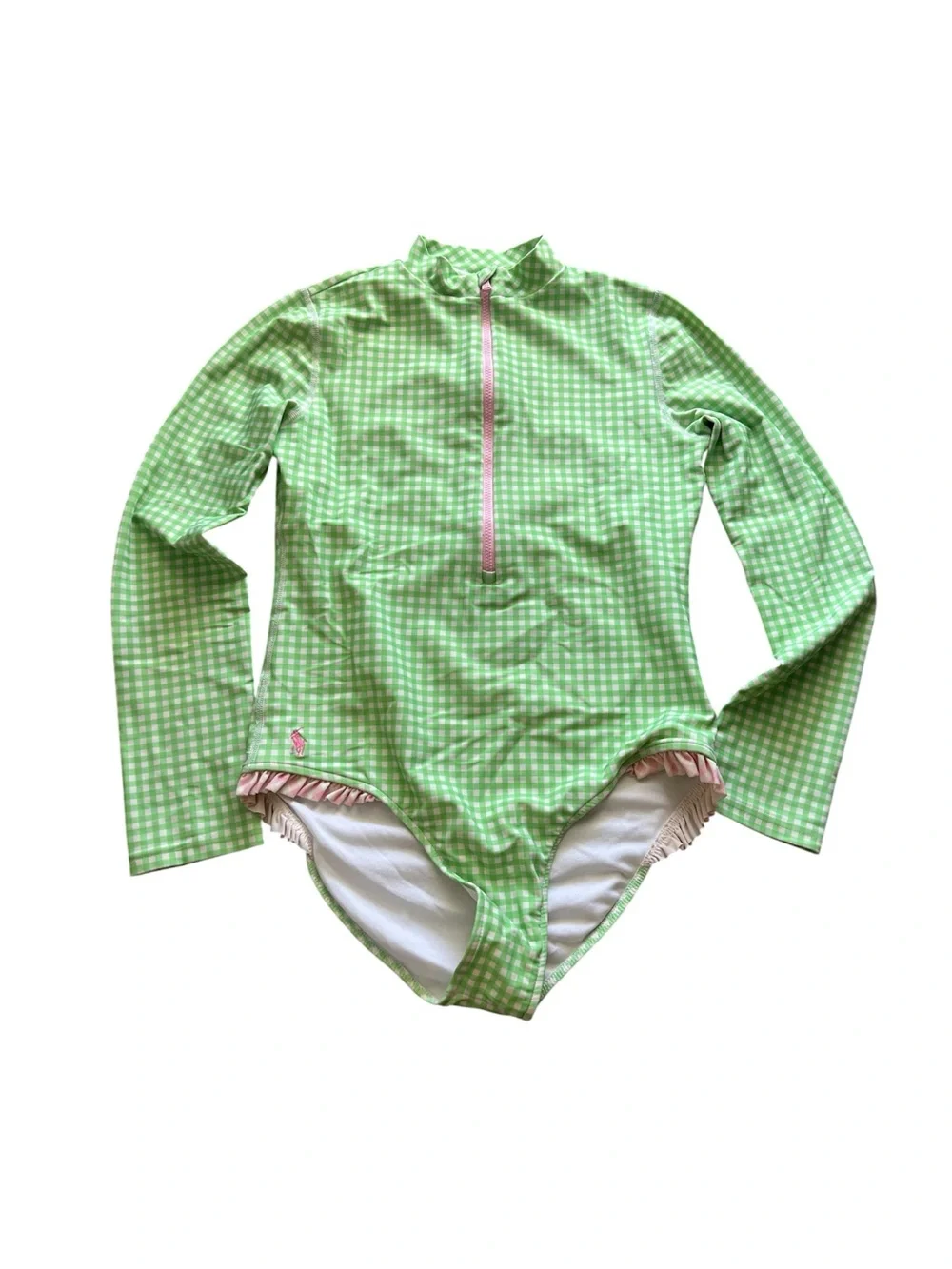 Polo Ralph Lauren Girls Ruffled Gingham Rash-guard Swimsuit 12-14 LRG GREEN/PINK